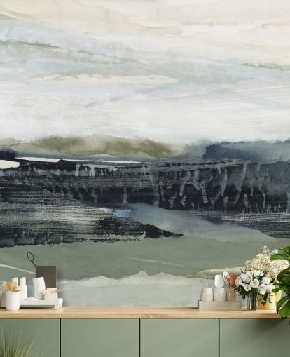 black and gray abstract forest wall mural called Dark Forest I by Lara Eckerman