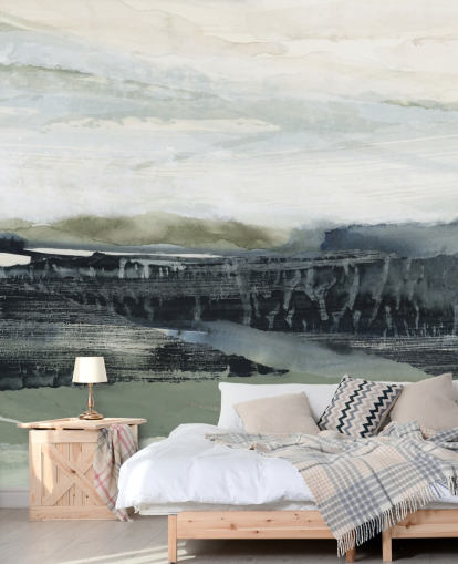 black and grey abstract forest wall mural called Dark Forest I by Lara Eckerman