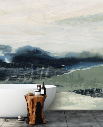 peinture murale abstraite personnalisée bleue et grise appelée Dark Forest II par Lara Eckerman pour les chambres et les salons