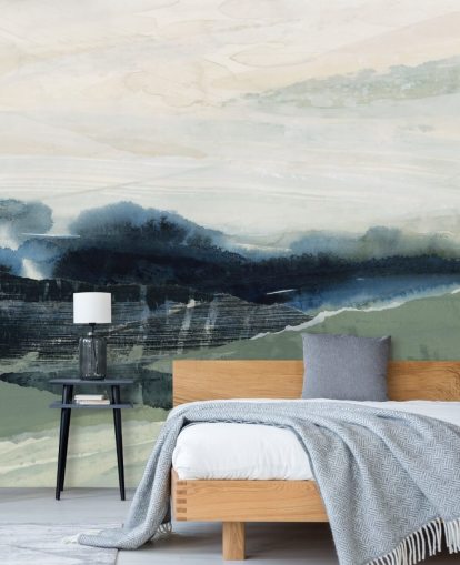 peinture murale abstraite personnalisée bleue et grise appelée Dark Forest II par Lara Eckerman pour les chambres et les salons