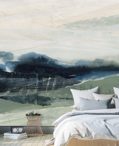 blauwe en grijze op maat gemaakte abstracte bosmuurschildering genaamd Dark Forest II van Lara Eckerman voor slaapkamers en woonkamers