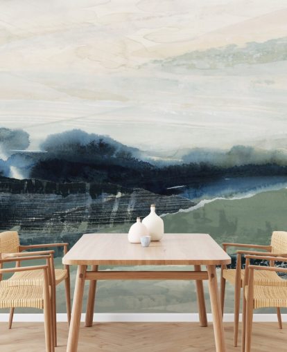 murale astratto personalizzato blu e grigio chiamato Dark Forest II di Lara Eckerman per camere da letto e salotti