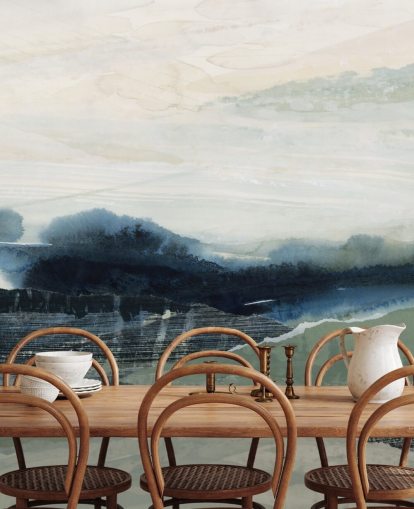 peinture murale abstraite personnalisée bleue et grise appelée Dark Forest II par Lara Eckerman pour les chambres et les salons