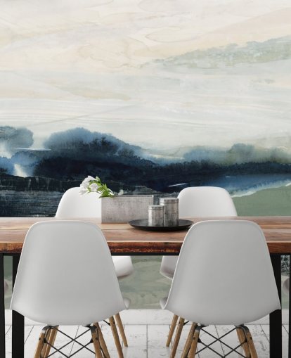 murale astratto personalizzato blu e grigio chiamato Dark Forest II di Lara Eckerman per camere da letto e salotti