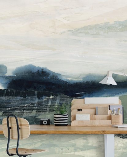 blauwe en grijze op maat gemaakte abstracte bosmuurschildering genaamd Dark Forest II van Lara Eckerman voor slaapkamers en woonkamers