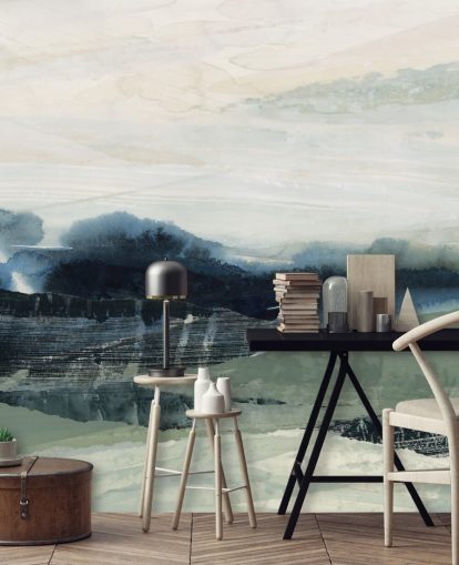 blå och grå anpassad abstrakt skogsväggmålning kallad Dark Forest II av Lara Eckerman för sovrum och vardagsrum blå och grå anpassad abstrakt skogsväggmålning kallad Dark Forest II av Lara Eckerman för sovrum och vardagsrum
