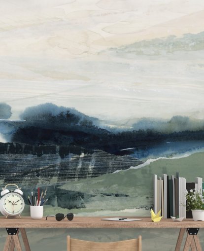 blaues und graues individuelles abstraktes Wald-Wandbild namens Dark Forest II von Lara Eckerman für Schlafzimmer und Wohnzimmer