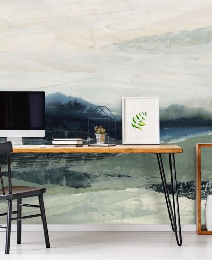 blaues und graues individuelles abstraktes Wald-Wandbild namens Dark Forest II von Lara Eckerman für Schlafzimmer und Wohnzimmer