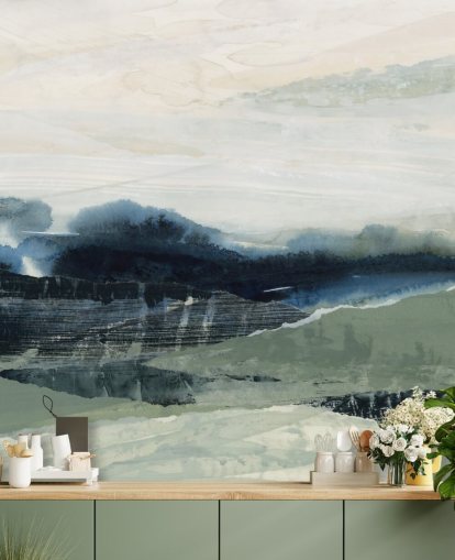 peinture murale abstraite personnalisée bleue et grise appelée Dark Forest II par Lara Eckerman pour les chambres et les salons peinture murale abstraite personnalisée bleue et grise appelée Dark Forest II par Lara Eckerman pour les chambres et les salons