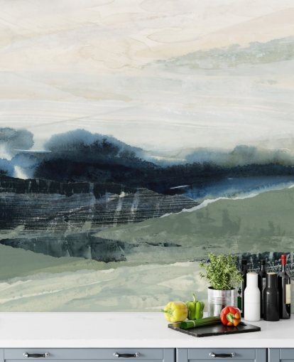 blauwe en grijze op maat gemaakte abstracte bosmuurschildering genaamd Dark Forest II van Lara Eckerman voor slaapkamers en woonkamers