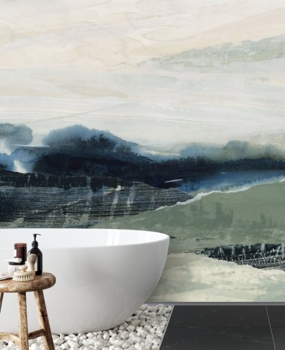 blauwe en grijze op maat gemaakte abstracte bosmuurschildering genaamd Dark Forest II van Lara Eckerman voor slaapkamers en woonkamers