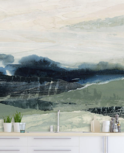 peinture murale abstraite personnalisée bleue et grise appelée Dark Forest II par Lara Eckerman pour les chambres et les salons