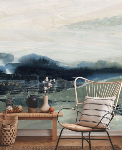 peinture murale abstraite personnalisée bleue et grise appelée Dark Forest II par Lara Eckerman pour les chambres et les salons peinture murale abstraite personnalisée bleue et grise appelée Dark Forest II par Lara Eckerman pour les chambres et les salons