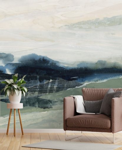 murale astratto personalizzato blu e grigio chiamato Dark Forest II di Lara Eckerman per camere da letto e salotti