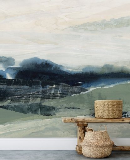 blaues und graues individuelles abstraktes Wald-Wandbild namens Dark Forest II von Lara Eckerman für Schlafzimmer und Wohnzimmer