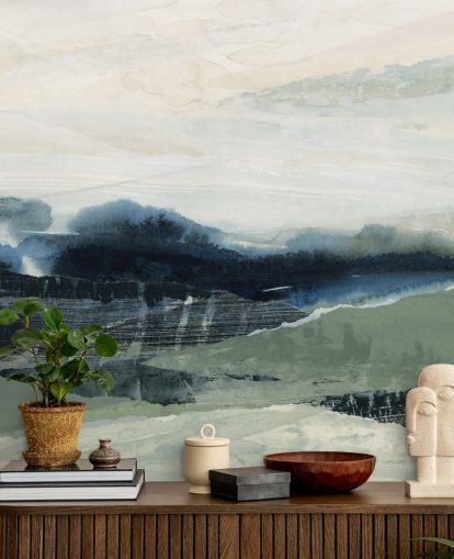 murale astratto personalizzato blu e grigio chiamato Dark Forest II di Lara Eckerman per camere da letto e salotti