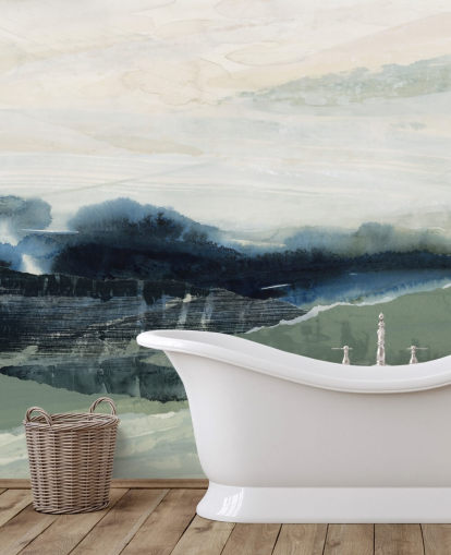 murale astratto personalizzato blu e grigio chiamato Dark Forest II di Lara Eckerman per camere da letto e salotti