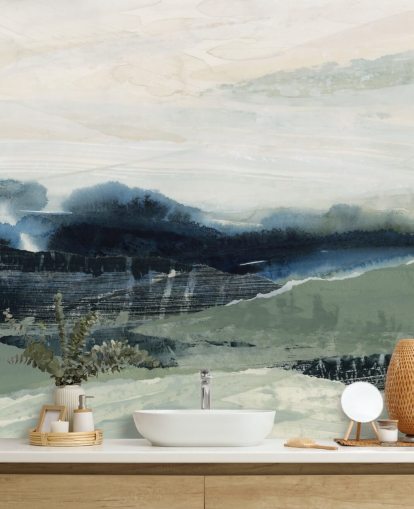 blauwe en grijze op maat gemaakte abstracte bosmuurschildering genaamd Dark Forest II van Lara Eckerman voor slaapkamers en woonkamers