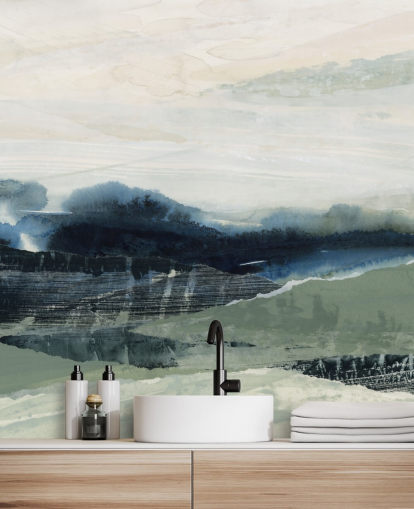 blauwe en grijze op maat gemaakte abstracte bosmuurschildering genaamd Dark Forest II van Lara Eckerman voor slaapkamers en woonkamers