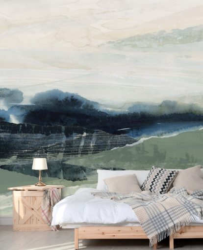 blauwe en grijze op maat gemaakte abstracte bosmuurschildering genaamd Dark Forest II van Lara Eckerman voor slaapkamers en woonkamers