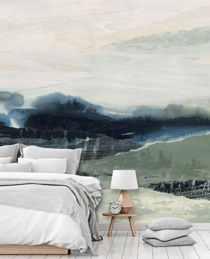 blaues und graues individuelles abstraktes Wald-Wandbild namens Dark Forest II von Lara Eckerman für Schlafzimmer und Wohnzimmer