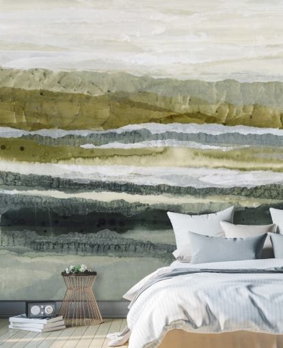 vihreä ja harmaa mukautettu abstrakti maisemamaalaus nimeltä Distant Glow, kirjoittanut Lara Eckerman