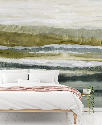 grønt og gråt brugerdefineret abstrakt landskabsmaleri kaldet Distant Glow af Lara Eckerman