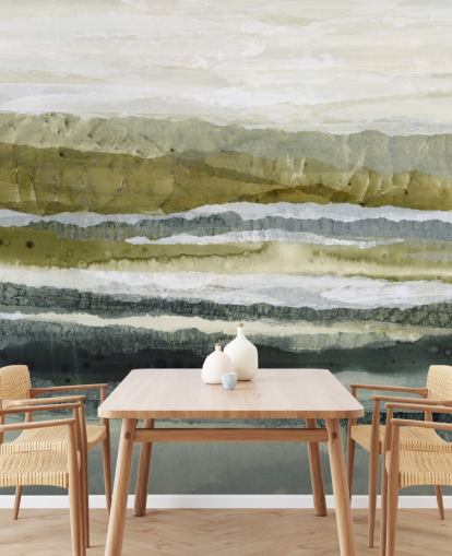 murale paesaggistico astratto personalizzato verde e grigio chiamato Distant Glow di Lara Eckerman