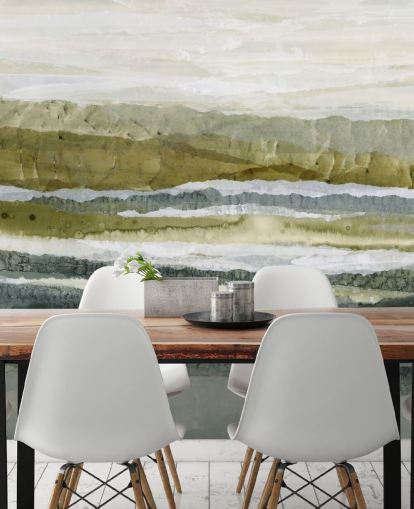 mural de paisagem abstrata personalizado em verde e cinza chamado Distant Glow, de Lara Eckerman mural de paisagem abstrata personalizado em verde e cinza chamado Distant Glow, de Lara Eckerman