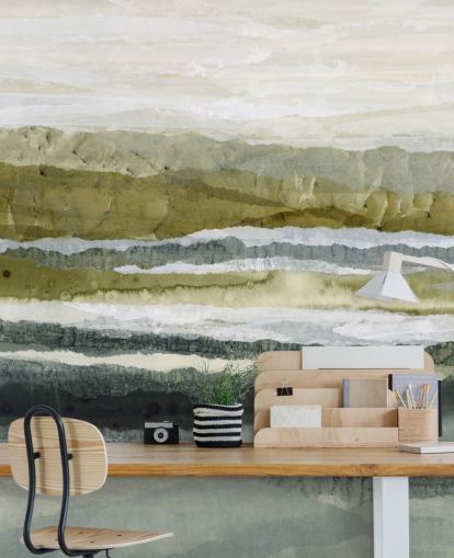 green and grey custom abstract landscape mural called Distant Glow by Lara Eckerman