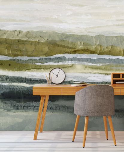 grünes und graues individuelles abstraktes Landschaftswandbild namens Distant Glow von Lara Eckerman