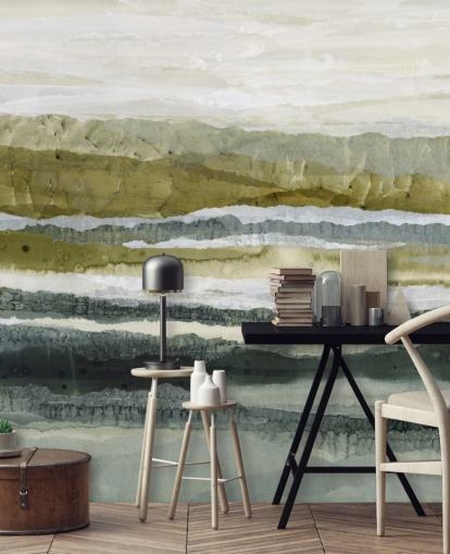 green and grey custom abstract landscape mural called Distant Glow by Lara Eckerman green and grey custom abstract landscape mural called Distant Glow by Lara Eckerman
