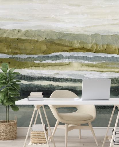 green and grey custom abstract landscape mural called Distant Glow by Lara Eckerman