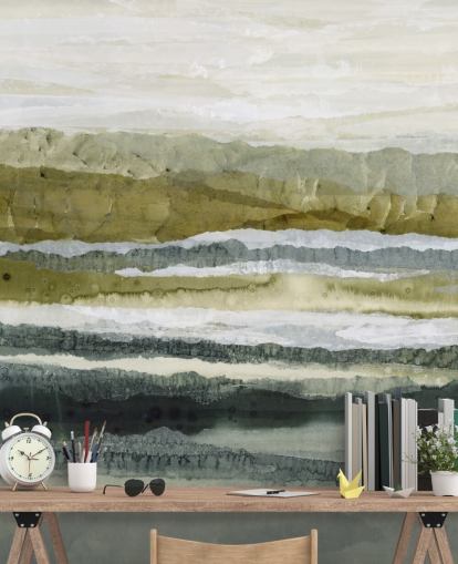 green and grey custom abstract landscape mural called Distant Glow by Lara Eckerman green and grey custom abstract landscape mural called Distant Glow by Lara Eckerman