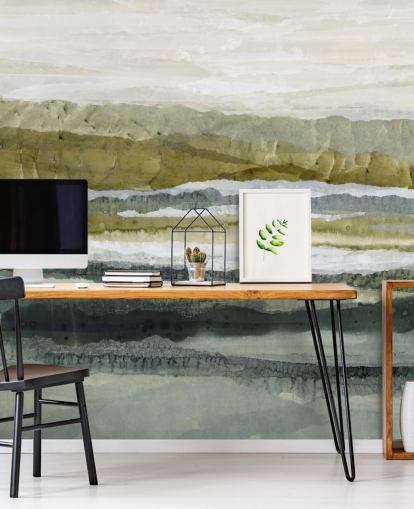 peinture murale de paysage abstraite personnalisée verte et grise appelée Distant Glow par Lara Eckerman peinture murale de paysage abstraite personnalisée verte et grise appelée Distant Glow par Lara Eckerman