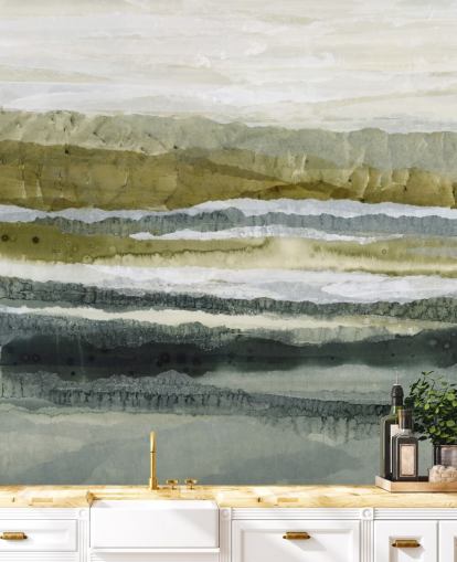 groene en grijze aangepaste abstracte landschapsmuurschildering genaamd Distant Glow van Lara Eckerman groene en grijze aangepaste abstracte landschapsmuurschildering genaamd Distant Glow van Lara Eckerman