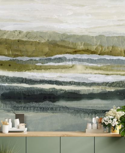 mural de paisaje abstracto personalizado verde y gris llamado Distant Glow de Lara Eckerman