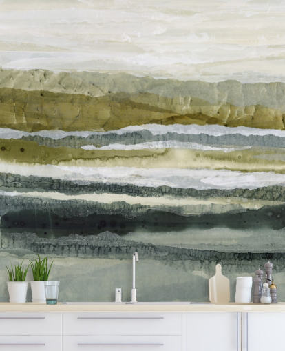 murale paesaggistico astratto personalizzato verde e grigio chiamato Distant Glow di Lara Eckerman