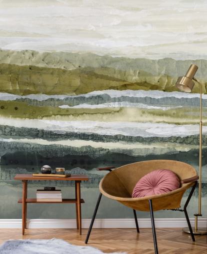 green and grey custom abstract landscape mural called Distant Glow by Lara Eckerman green and grey custom abstract landscape mural called Distant Glow by Lara Eckerman