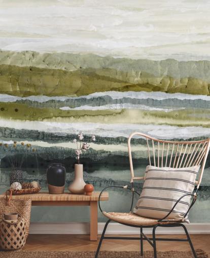 groene en grijze aangepaste abstracte landschapsmuurschildering genaamd Distant Glow van Lara Eckerman