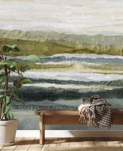 groene en grijze aangepaste abstracte landschapsmuurschildering genaamd Distant Glow van Lara Eckerman