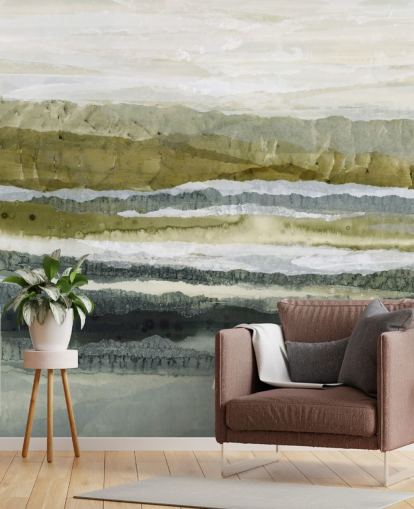 green and grey custom abstract landscape mural called Distant Glow by Lara Eckerman