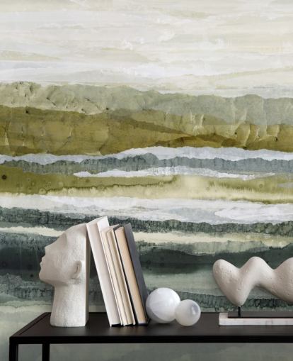 grünes und graues individuelles abstraktes Landschaftswandbild namens Distant Glow von Lara Eckerman grünes und graues individuelles abstraktes Landschaftswandbild namens Distant Glow von Lara Eckerman