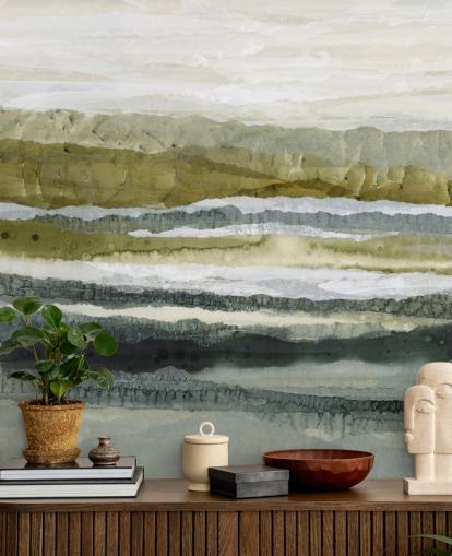 mural de paisaje abstracto personalizado verde y gris llamado Distant Glow de Lara Eckerman