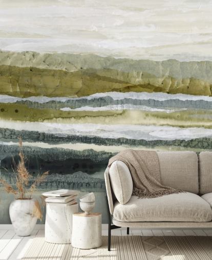 green and grey custom abstract landscape mural called Distant Glow by Lara Eckerman
