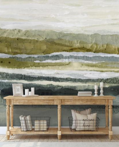 peinture murale de paysage abstraite personnalisée verte et grise appelée Distant Glow par Lara Eckerman