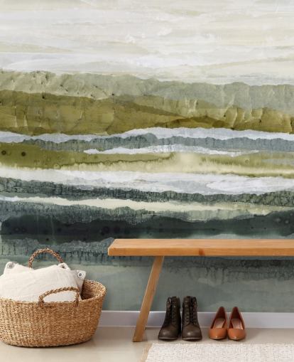 murale paesaggistico astratto personalizzato verde e grigio chiamato Distant Glow di Lara Eckerman