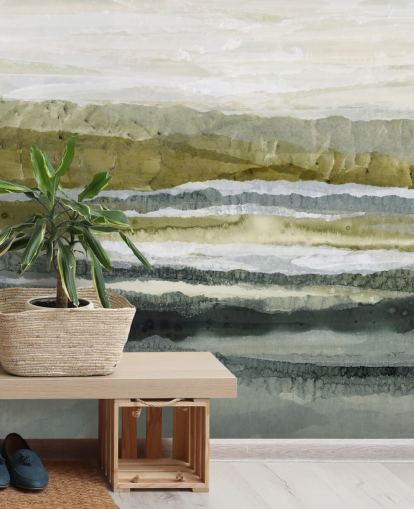 groene en grijze aangepaste abstracte landschapsmuurschildering genaamd Distant Glow van Lara Eckerman