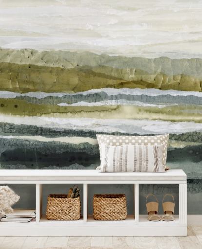 grünes und graues individuelles abstraktes Landschaftswandbild namens Distant Glow von Lara Eckerman