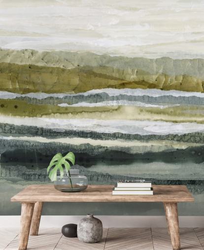 groene en grijze aangepaste abstracte landschapsmuurschildering genaamd Distant Glow van Lara Eckerman groene en grijze aangepaste abstracte landschapsmuurschildering genaamd Distant Glow van Lara Eckerman